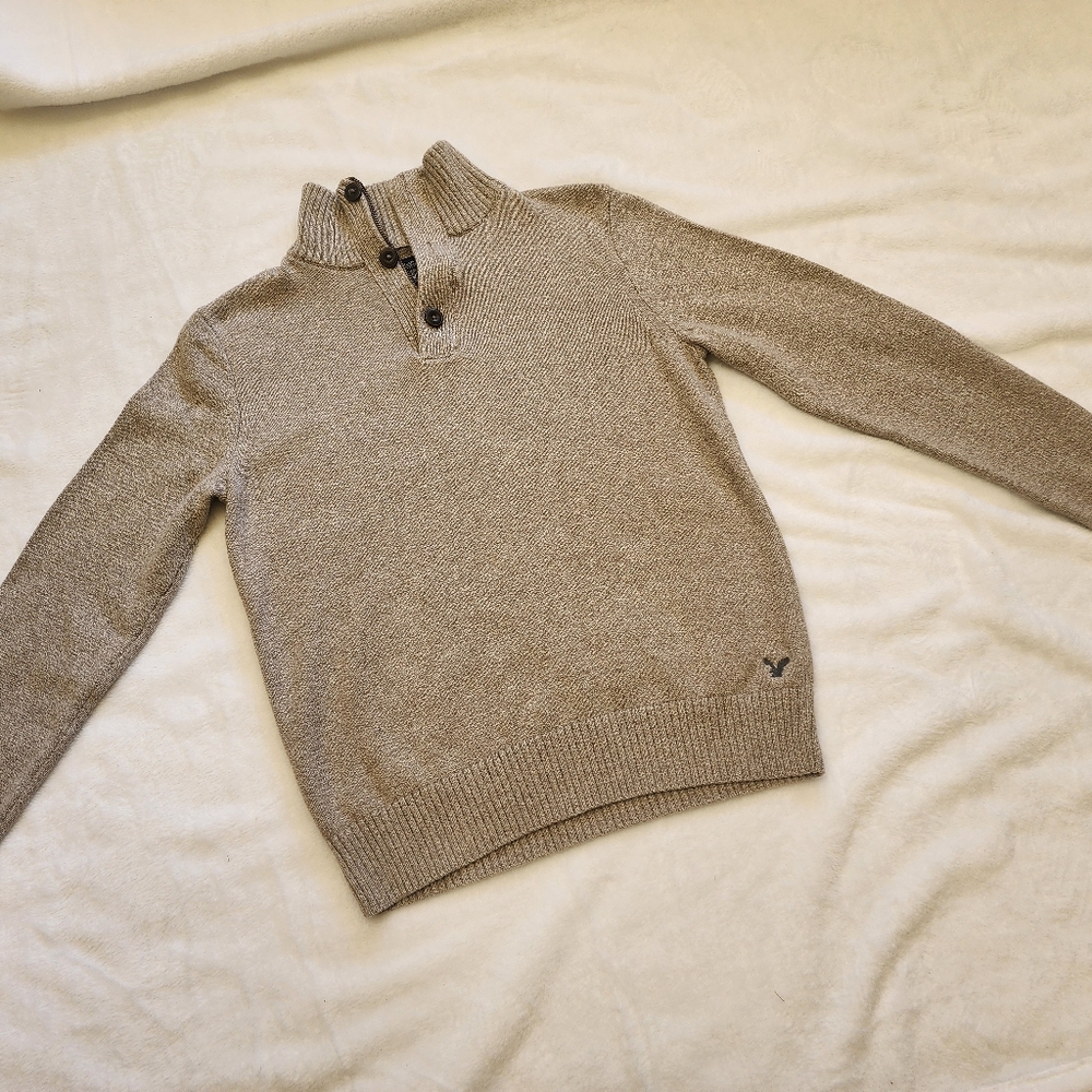 M AE  Men's Beige Sweater with Button/zip Collar